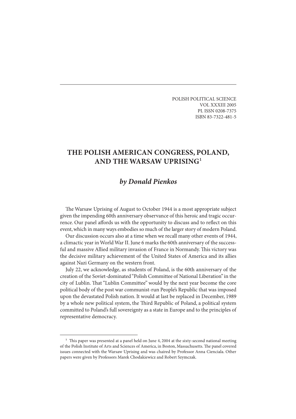 The Polish American Congress, Poland, and the Warsaw Uprising ¹