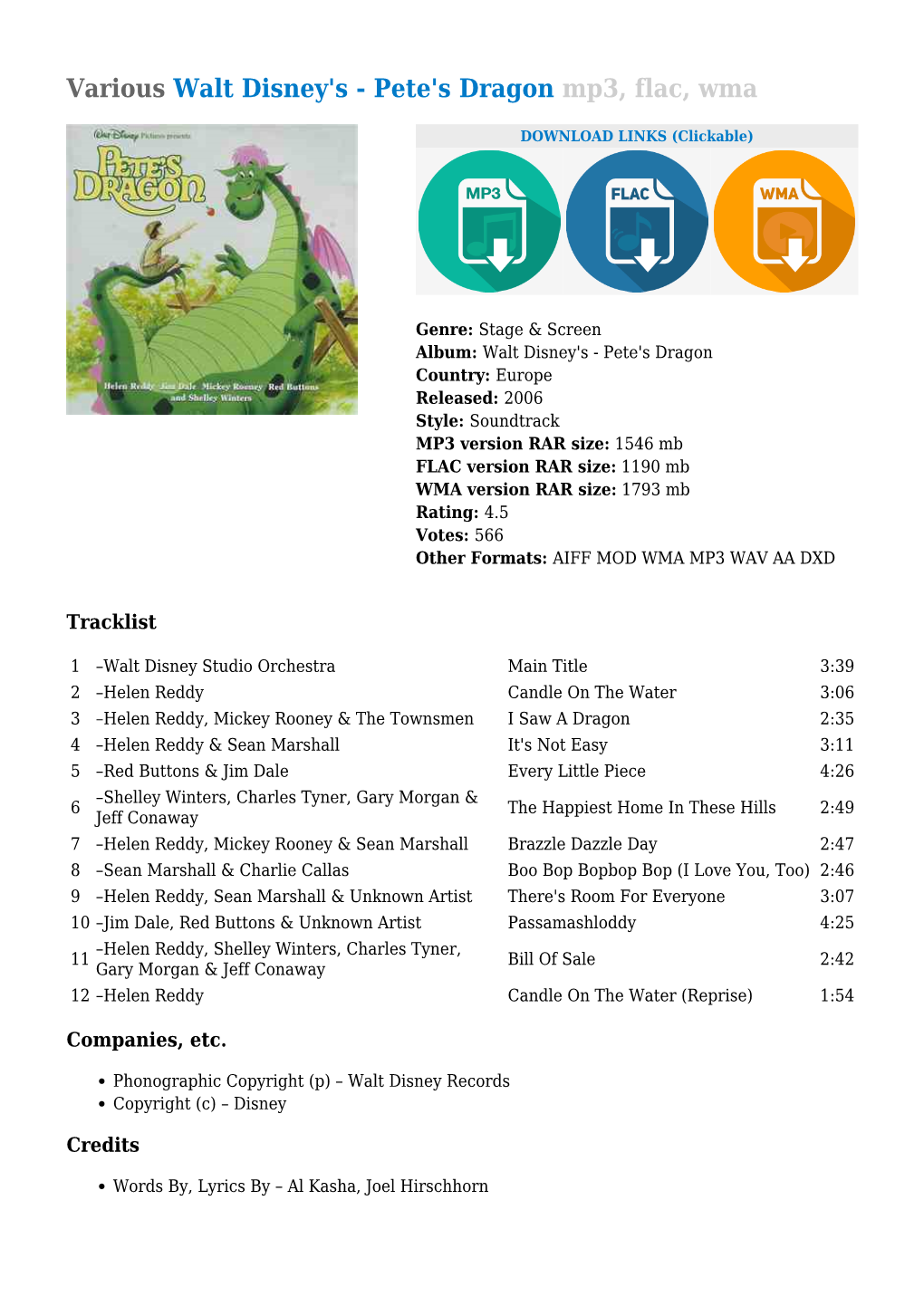 Various Walt Disney's - Pete's Dragon Mp3, Flac, Wma