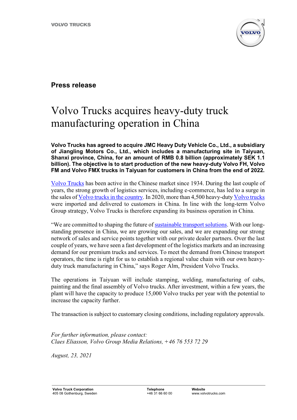 Volvo Trucks Acquires Heavy-Duty Truck Manufacturing Operation in China