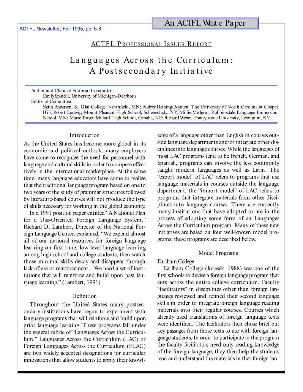 An ACTFL White Paper Languages Across the Curriculum: a Postsecondary Initiative