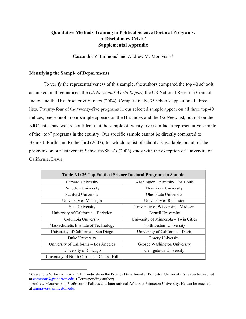 Qualitative Methods Training in Political Science Doctoral Programs: a Disciplinary Crisis? Supplemental Appendix