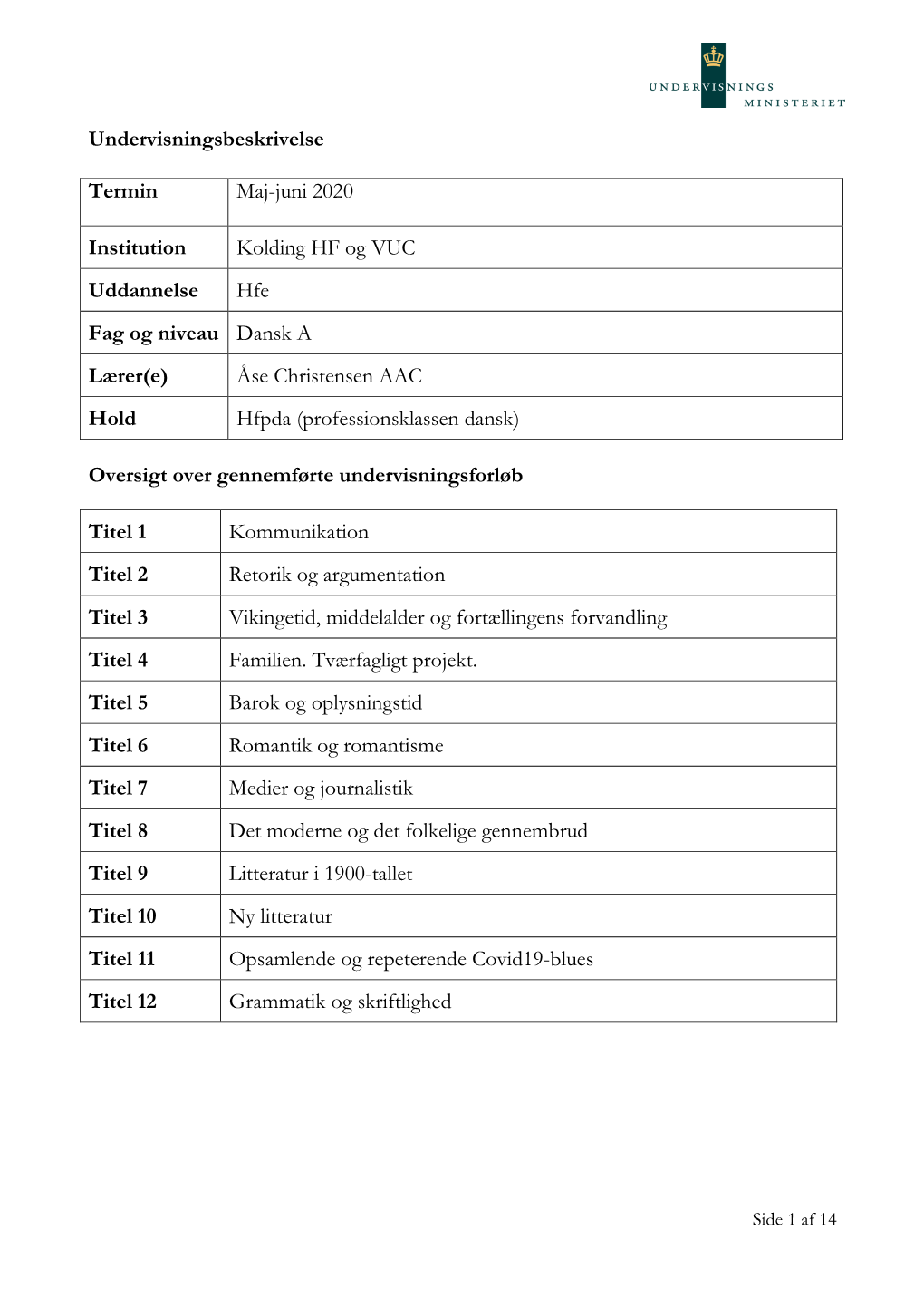 Undervisningsbeskrivelse Termin Maj-Juni 2020 Institution Kolding HF