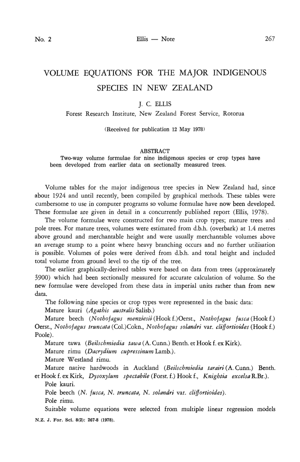 Volume Equations for the Major Indigenous Species in New Zealand