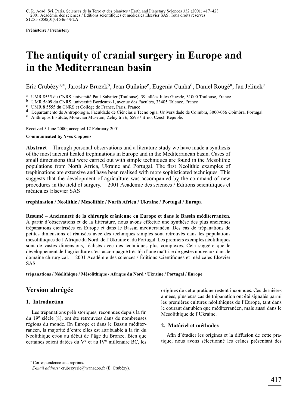 The Antiquity of Cranial Surgery in Europe and in the Mediterranean Basin