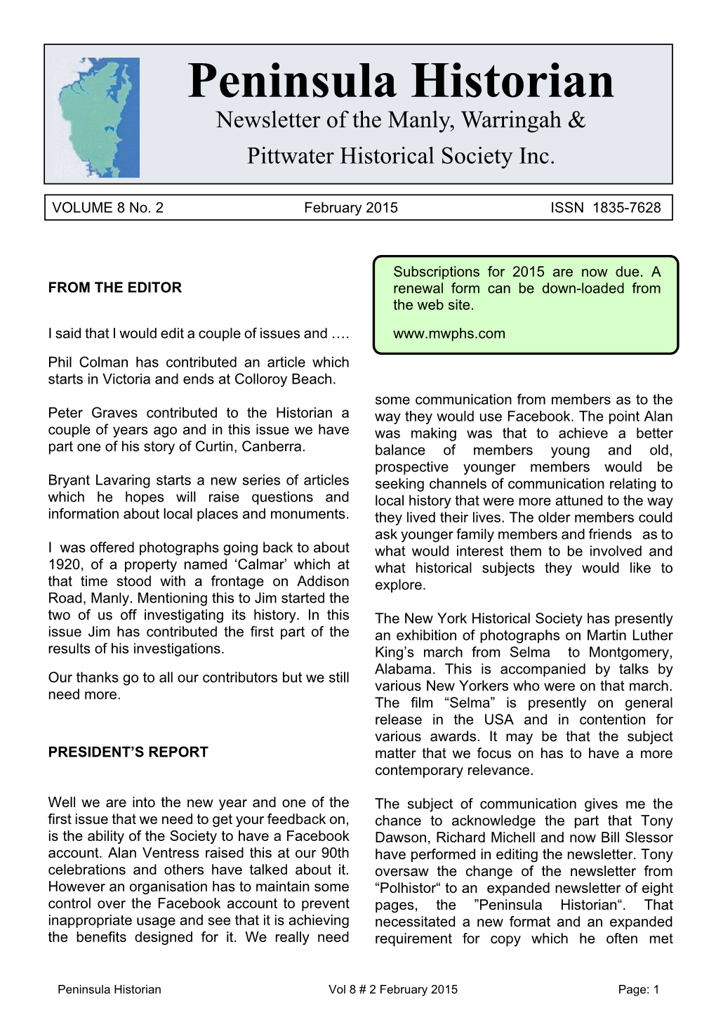 Peninsula Historian Newsletter of the Manly, Warringah & Pittwater Historical Society Inc