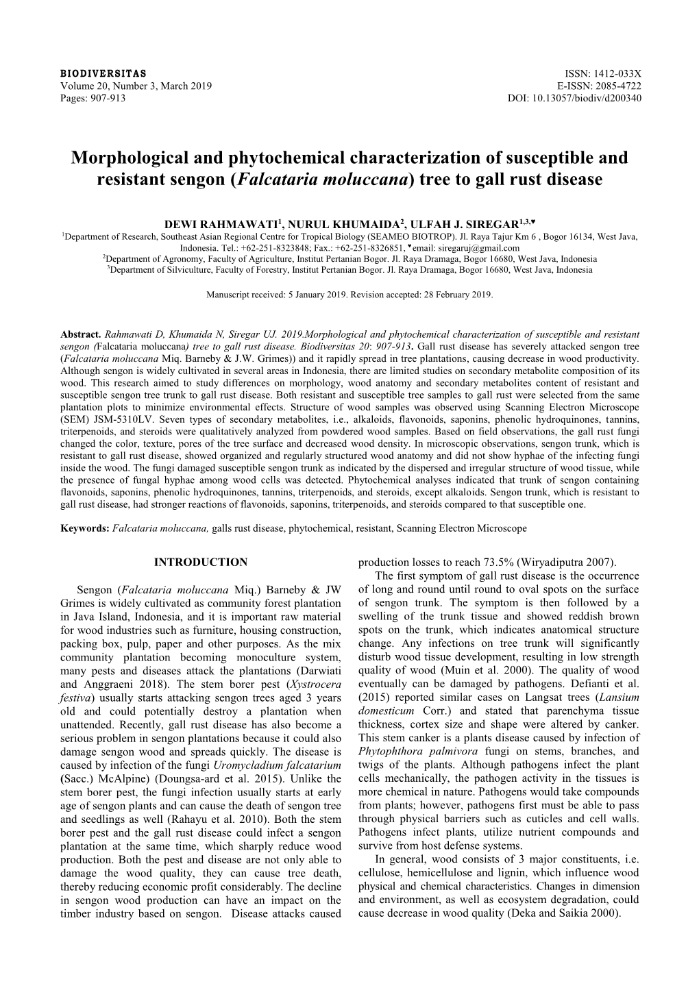 Morphological and Phytochemical Characterization of Susceptible and Resistant Sengon (Falcataria Moluccana) Tree to Gall Rust Disease