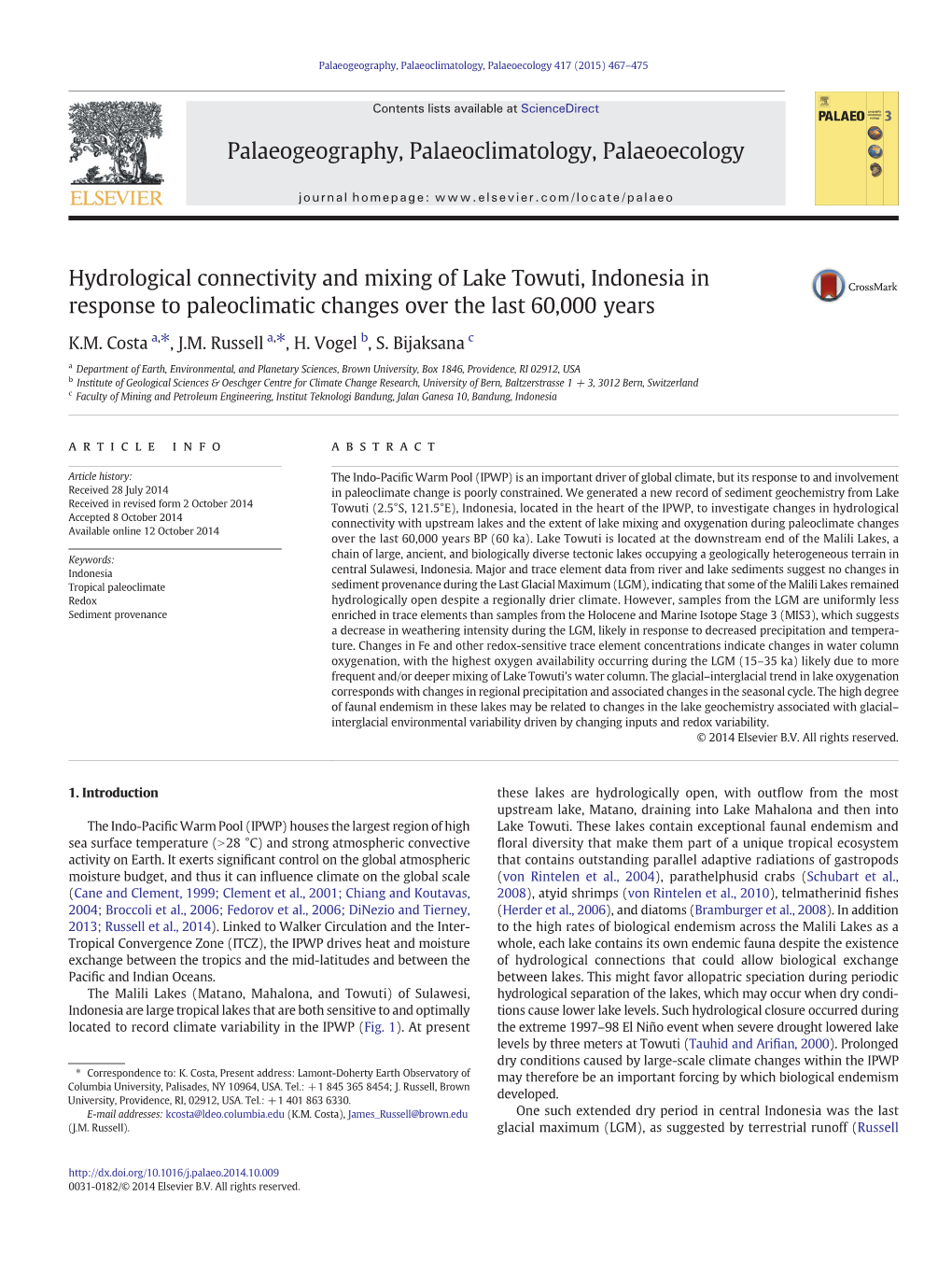 Hydrological Connectivity and Mixing of Lake Towuti, Indonesia in Response to Paleoclimatic Changes Over the Last 60,000Years