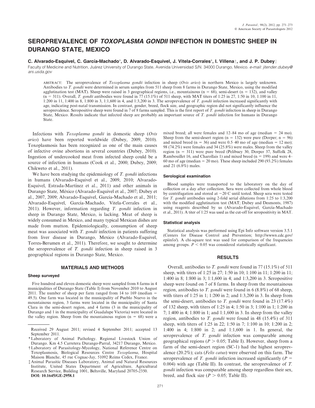 Seroprevalence of Toxoplasma Gondii Infection in Domestic Sheep in Durango State, Mexico