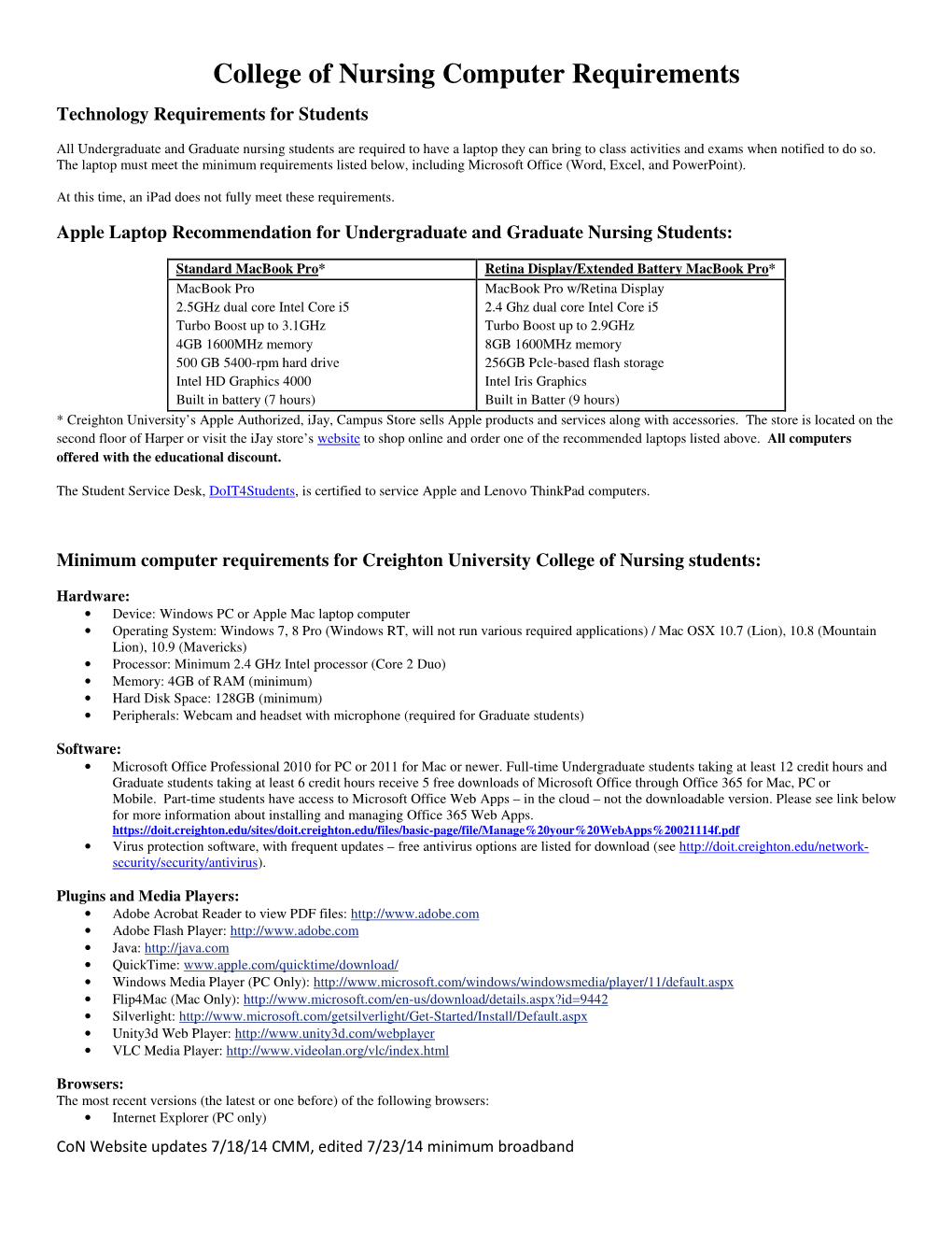 College of Nursing Computer Requirements Technology Requirements for Students