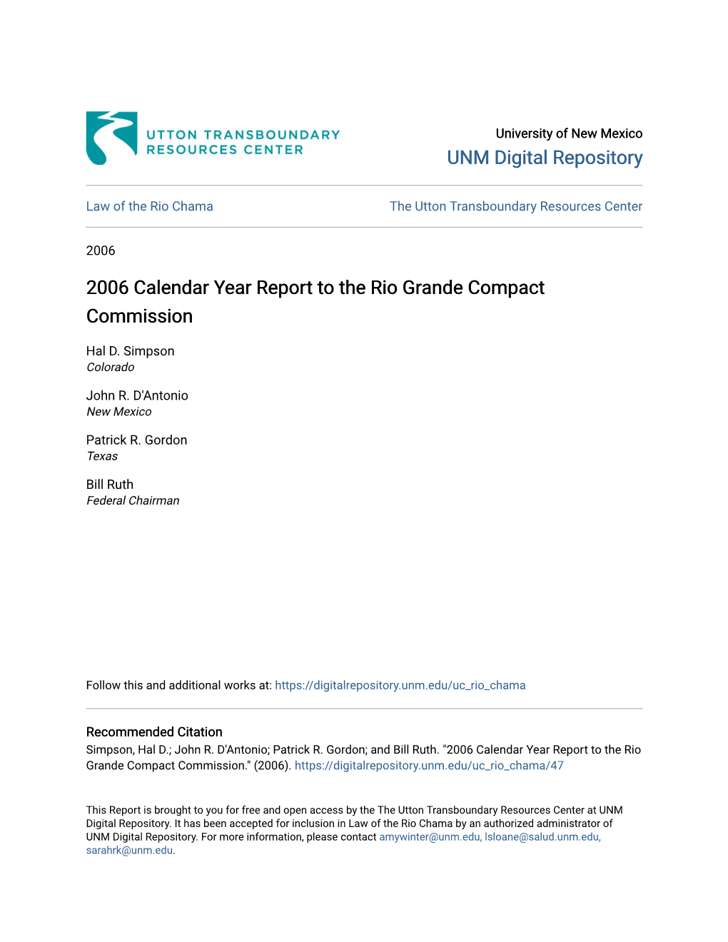 2006 Calendar Year Report to the Rio Grande Compact Commission