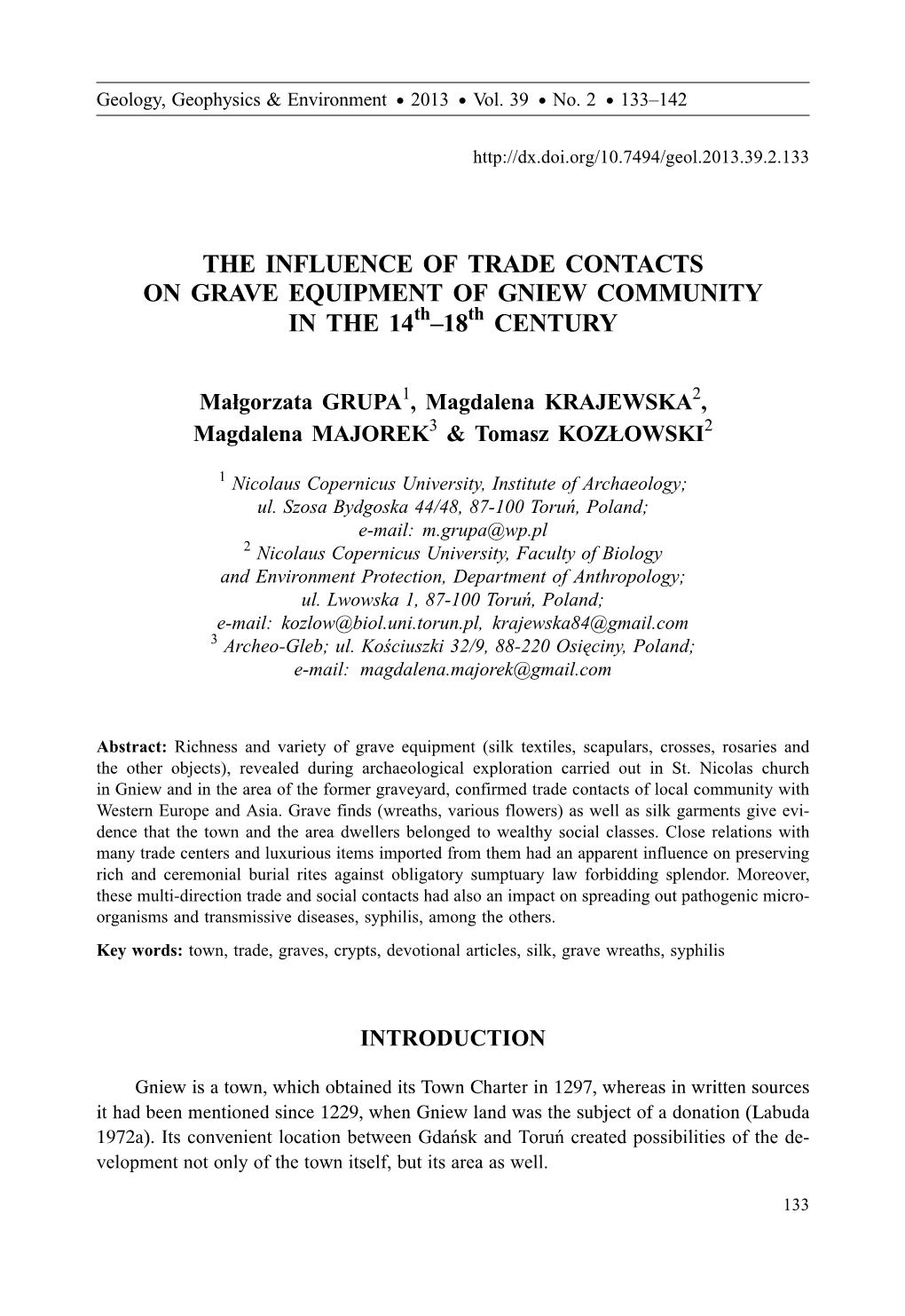 THE INFLUENCE of TRADE CONTACTS on GRAVE EQUIPMENT of GNIEW COMMUNITY in the 14Th–18Th CENTURY