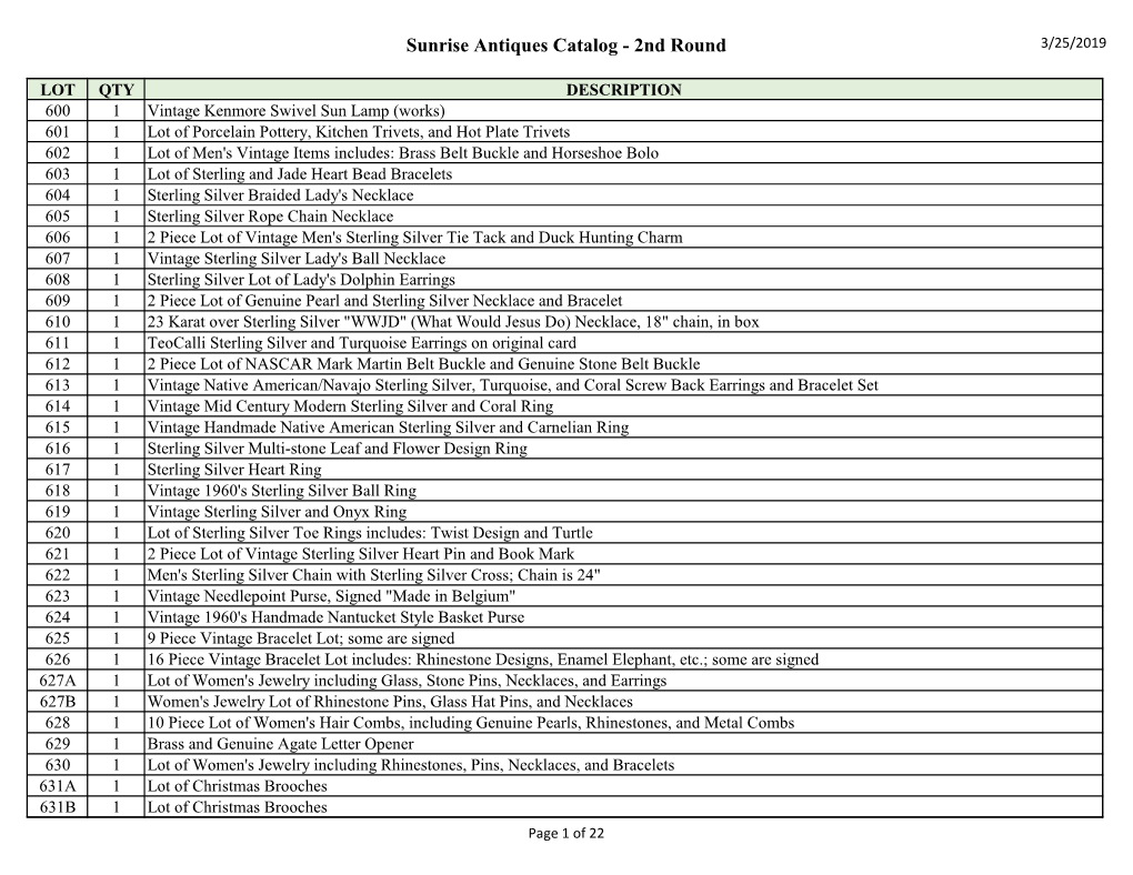 Sunrise Antiques Catalog - 2Nd Round 3/25/2019