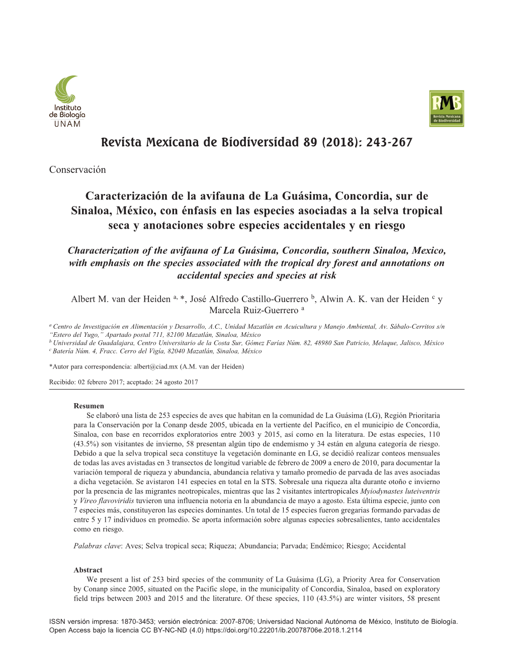 Revista Mexicana De Biodiversidad 89 (2018): 243-267 Caracterización De La Avifauna De La Guásima, Concordia, Sur De Sinaloa