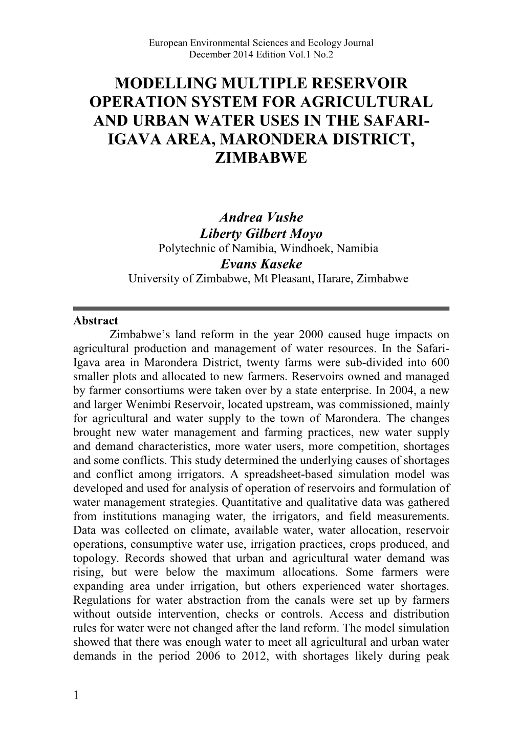 Modelling Multiple Reservoir Operation System for Agricultural and Urban Water Uses in the Safari- Igava Area, Marondera District, Zimbabwe