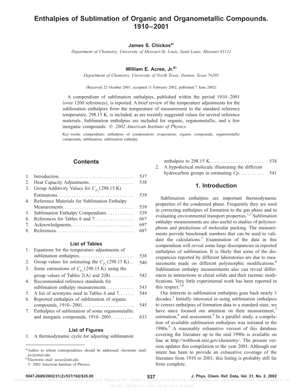 Enthalpies of Sublimation of Organic and Organometallic Compounds