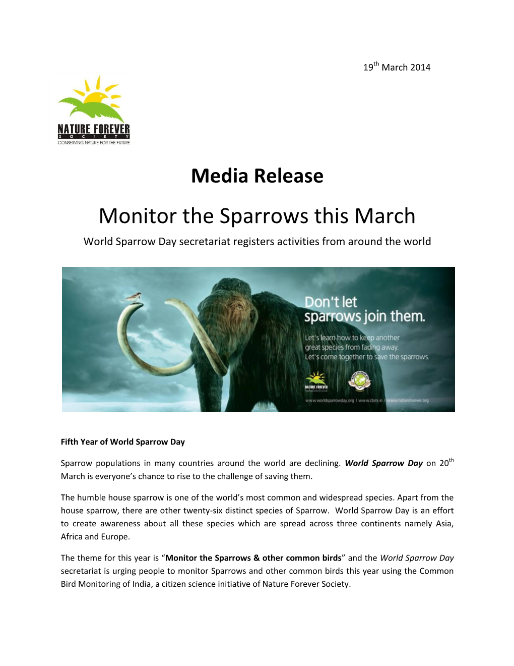 Monitor the Sparrows This March World Sparrow Day Secretariat Registers Activities from Around the World