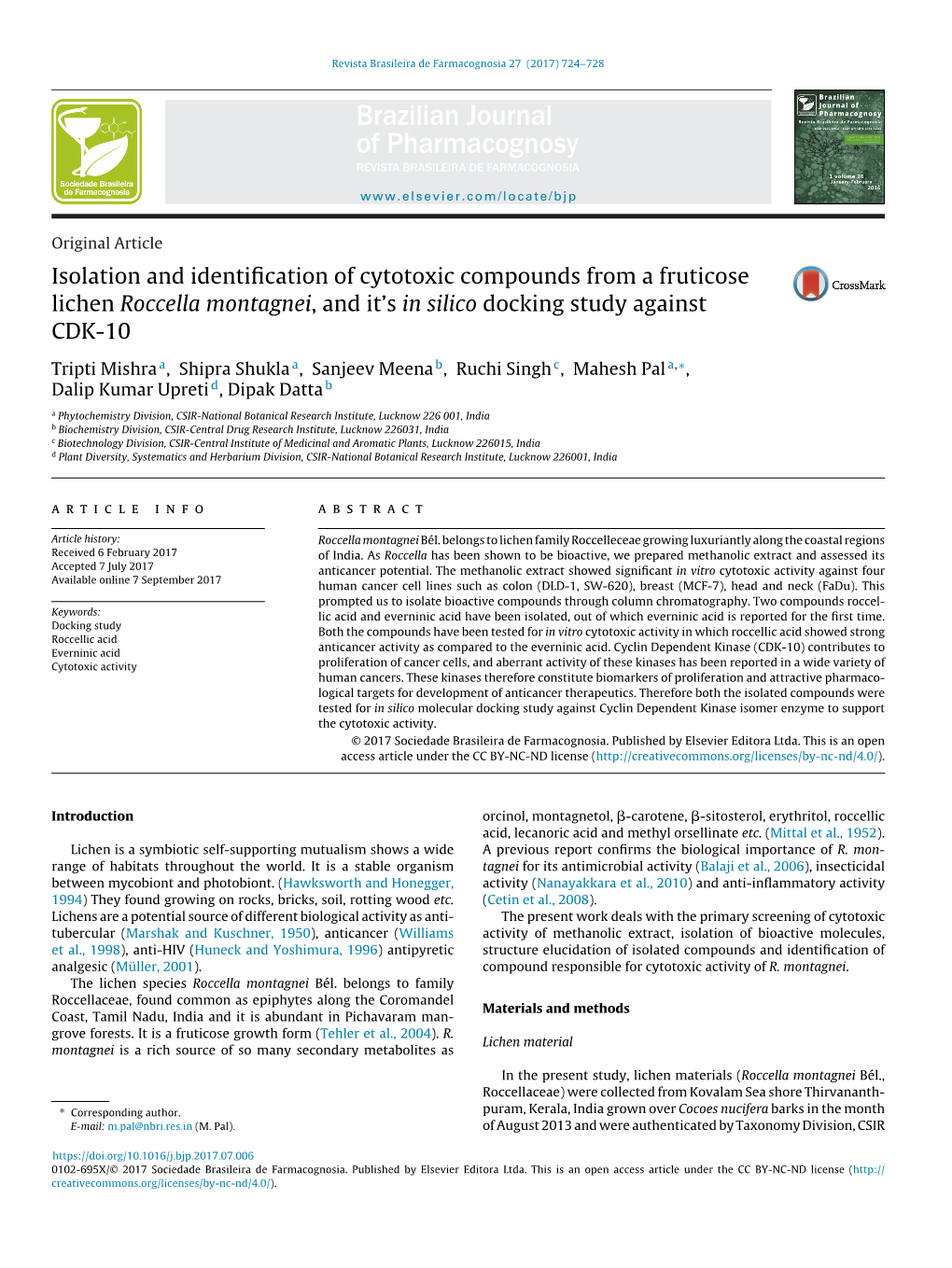 Isolation and Identification of Cytotoxic Compounds from a Fruticose Lichen