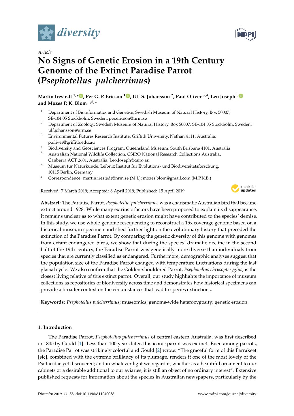 No Signs of Genetic Erosion in a 19Th Century Genome of the Extinct Paradise Parrot (Psephotellus Pulcherrimus)