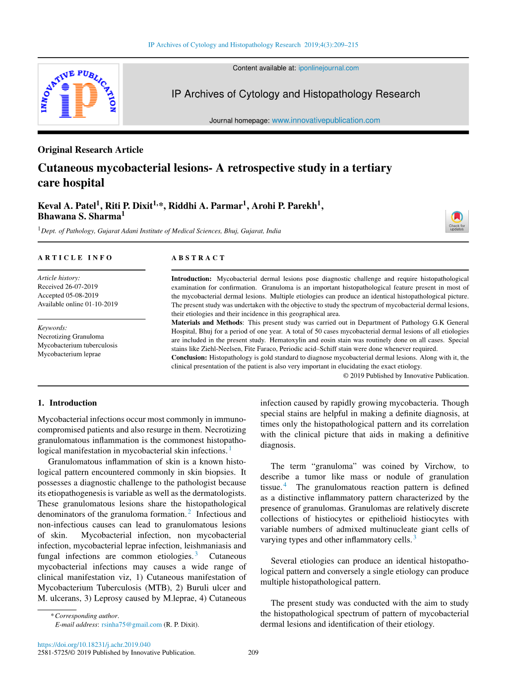 Cutaneous Mycobacterial Lesions- a Retrospective Study in a Tertiary Care Hospital