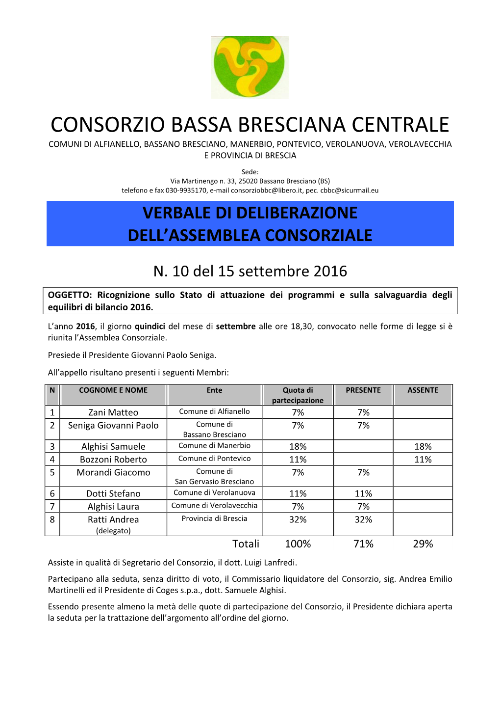 Consorzio Bassa Bresciana Centrale Comuni Di Alfianello, Bassano Bresciano, Manerbio, Pontevico, Verolanuova, Verolavecchia E Provincia Di Brescia