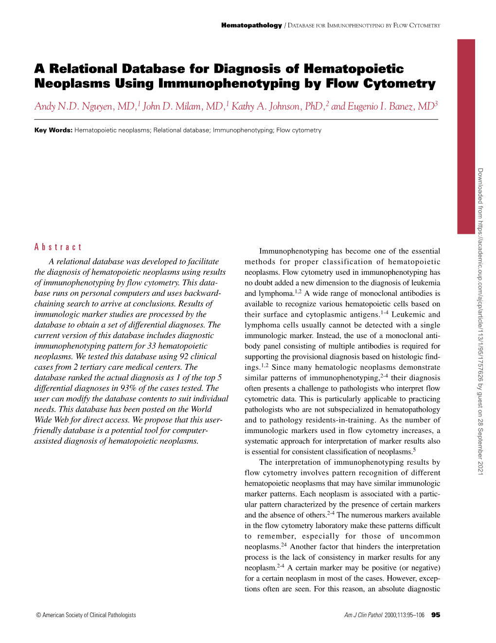 A Relational Database for Diagnosis of Hematopoietic Neoplasms Using Immunophenotyping by Flow Cytometry