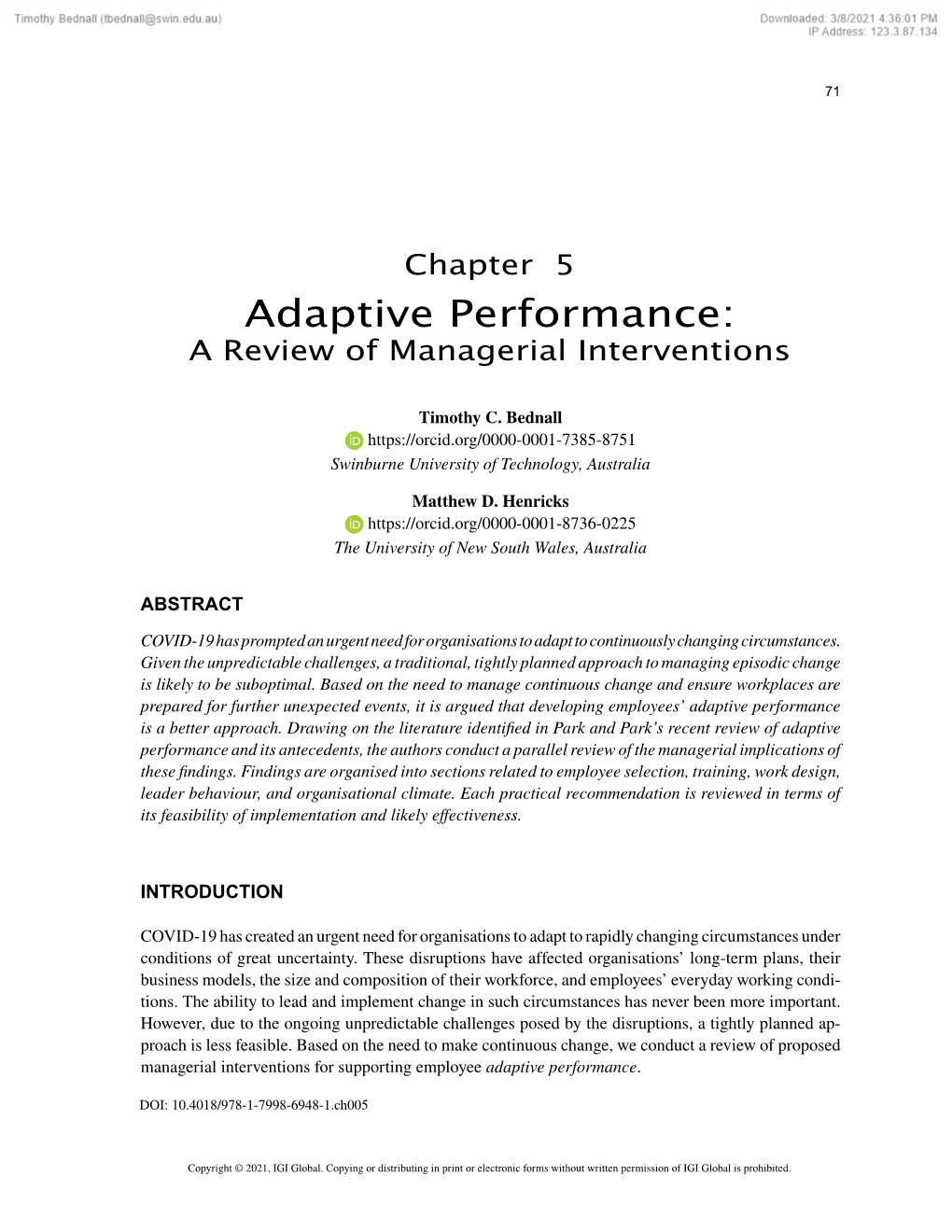 Adaptive Performance: a Review of Managerial Interventions