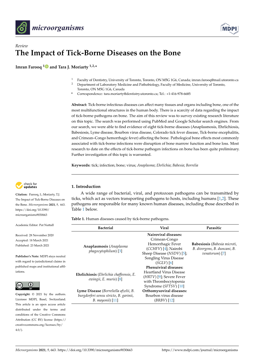 The Impact of Tick-Borne Diseases on the Bone