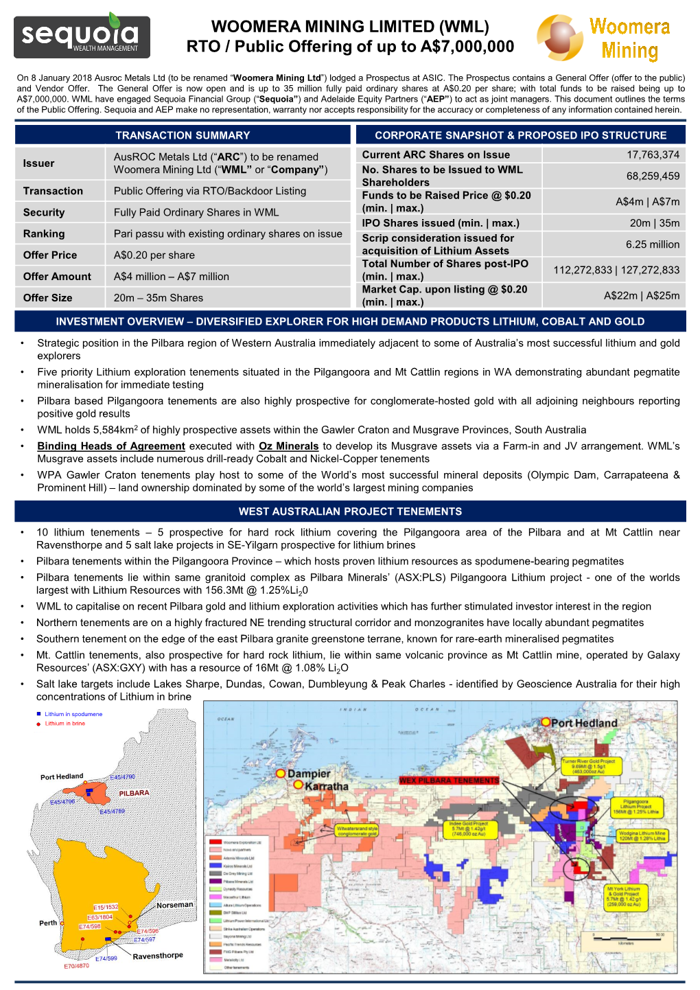 WOOMERA MINING LIMITED (WML) RTO / Public Offering of up to A$7,000,000