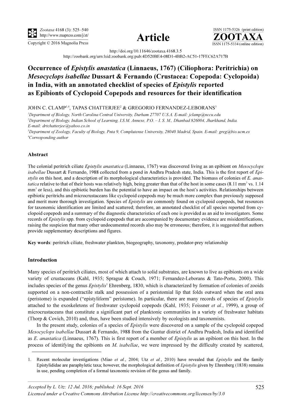 Occurrence of Epistylis Anastatica (Linnaeus, 1767) (Ciliophora: Peritrichia) on Mesocyclops Isabellae Dussart & Fernando (C