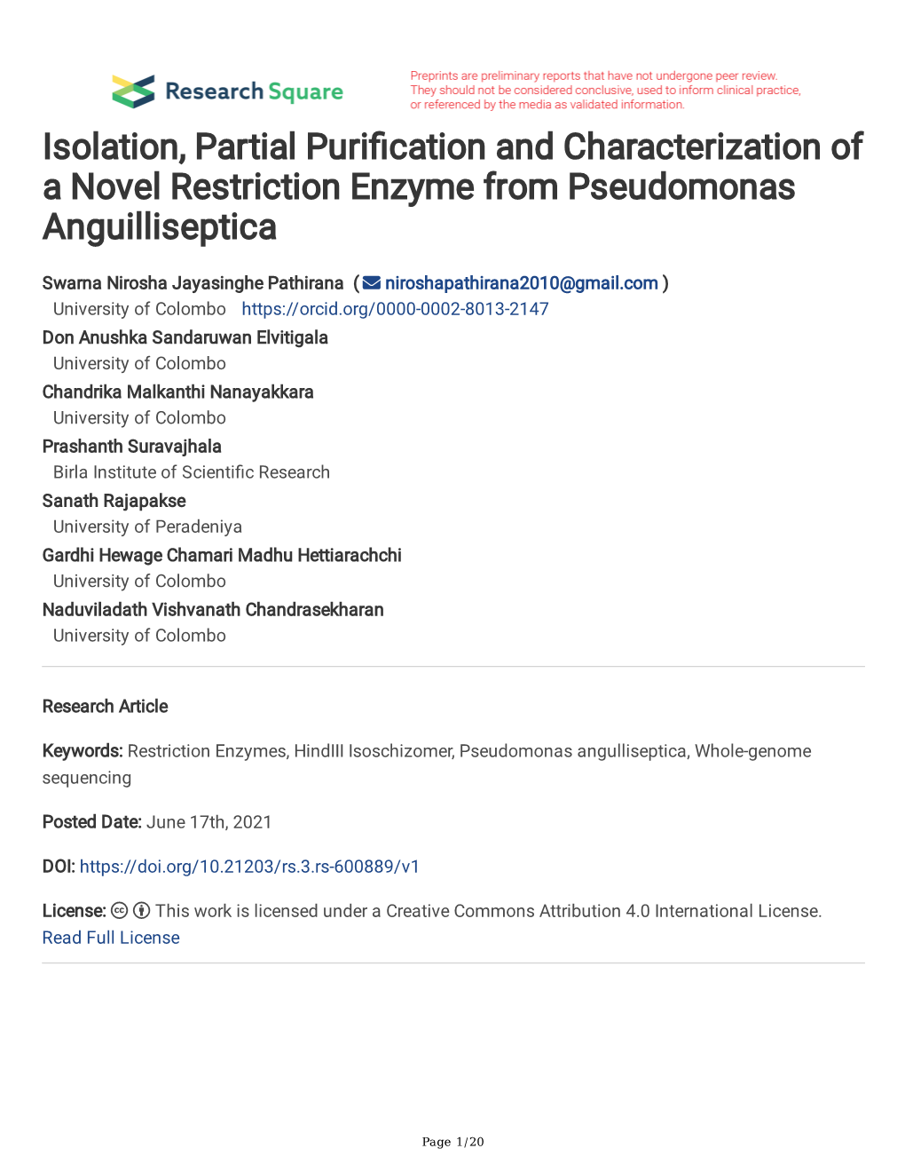 Isolation, Partial Puri Cation and Characterization of a Novel