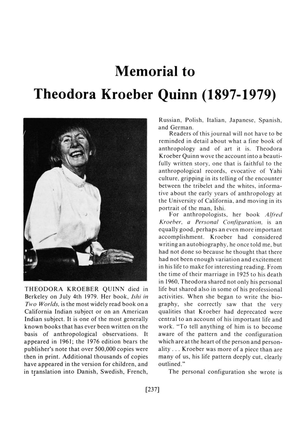 Memorial to Theodora Kroeber Quinn (1897-1979)