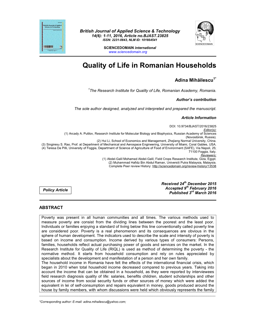 Quality of Life in Romanian Households