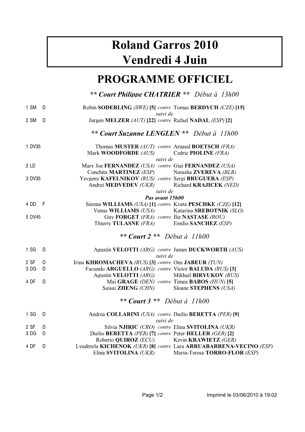 PROGRAMME OFFICIEL ** Court Philippe CHATRIER ** Début À 13H00