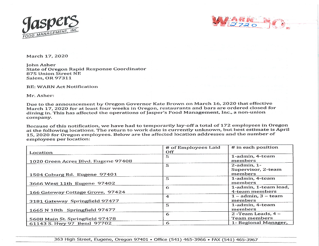 WARN 2720 Jasper's Food Manage. Inc. 3.20.20.Pdf