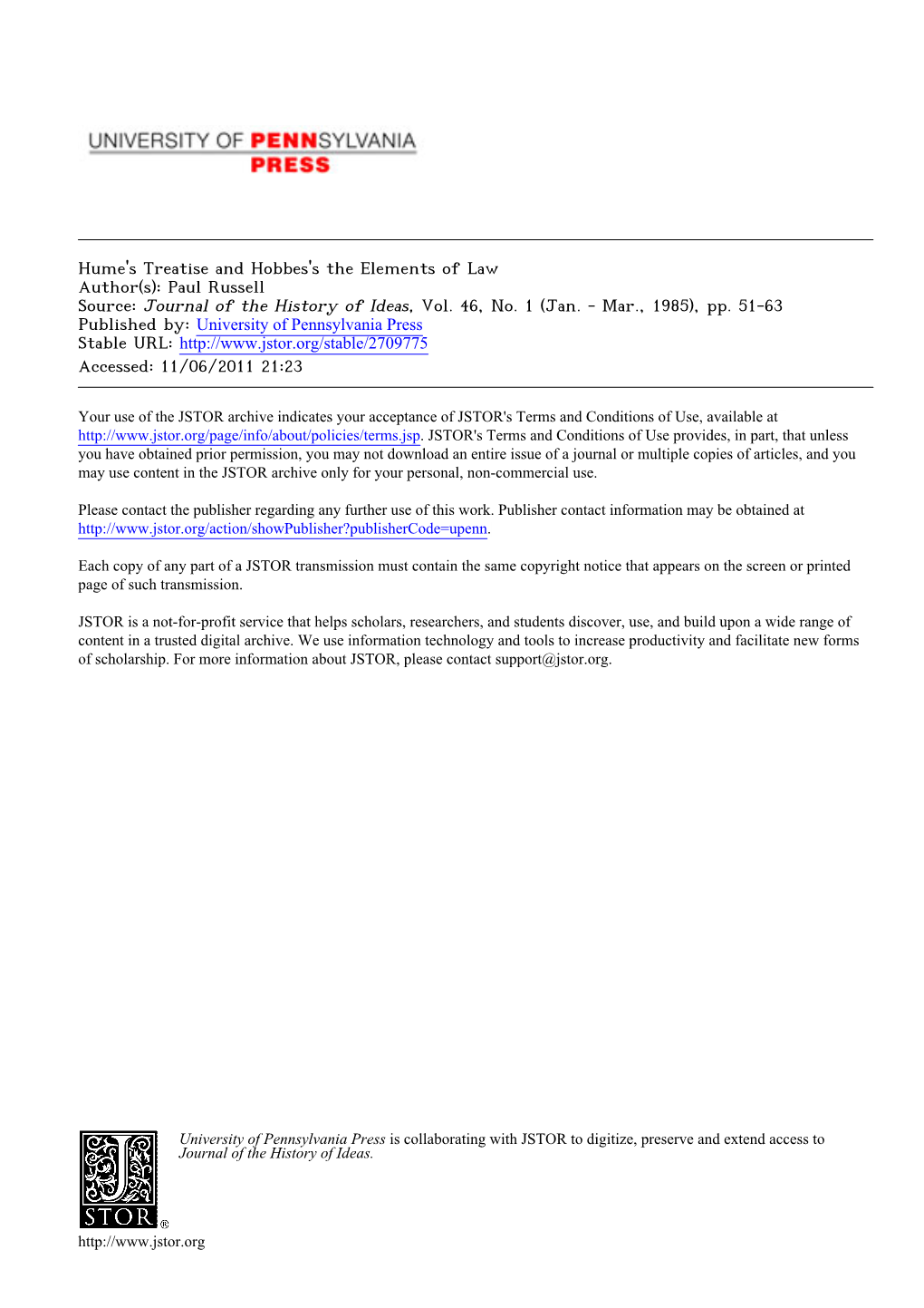 Hume's Treatise and Hobbes's the Elements of Law Author(S): Paul Russell Source: Journal of the History of Ideas, Vol