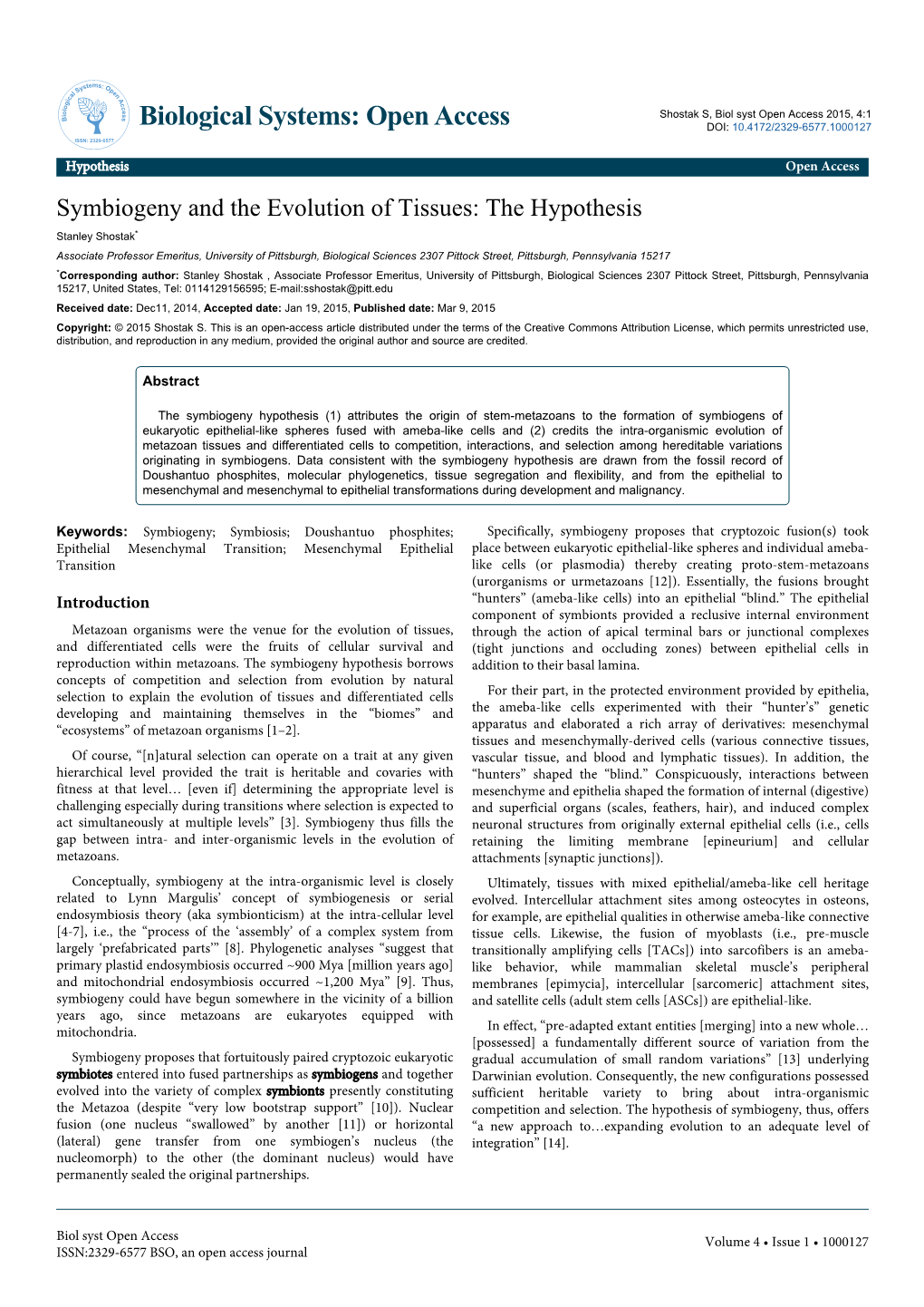 Symbiogeny and the Evolution of Tissues: the Hypothesis