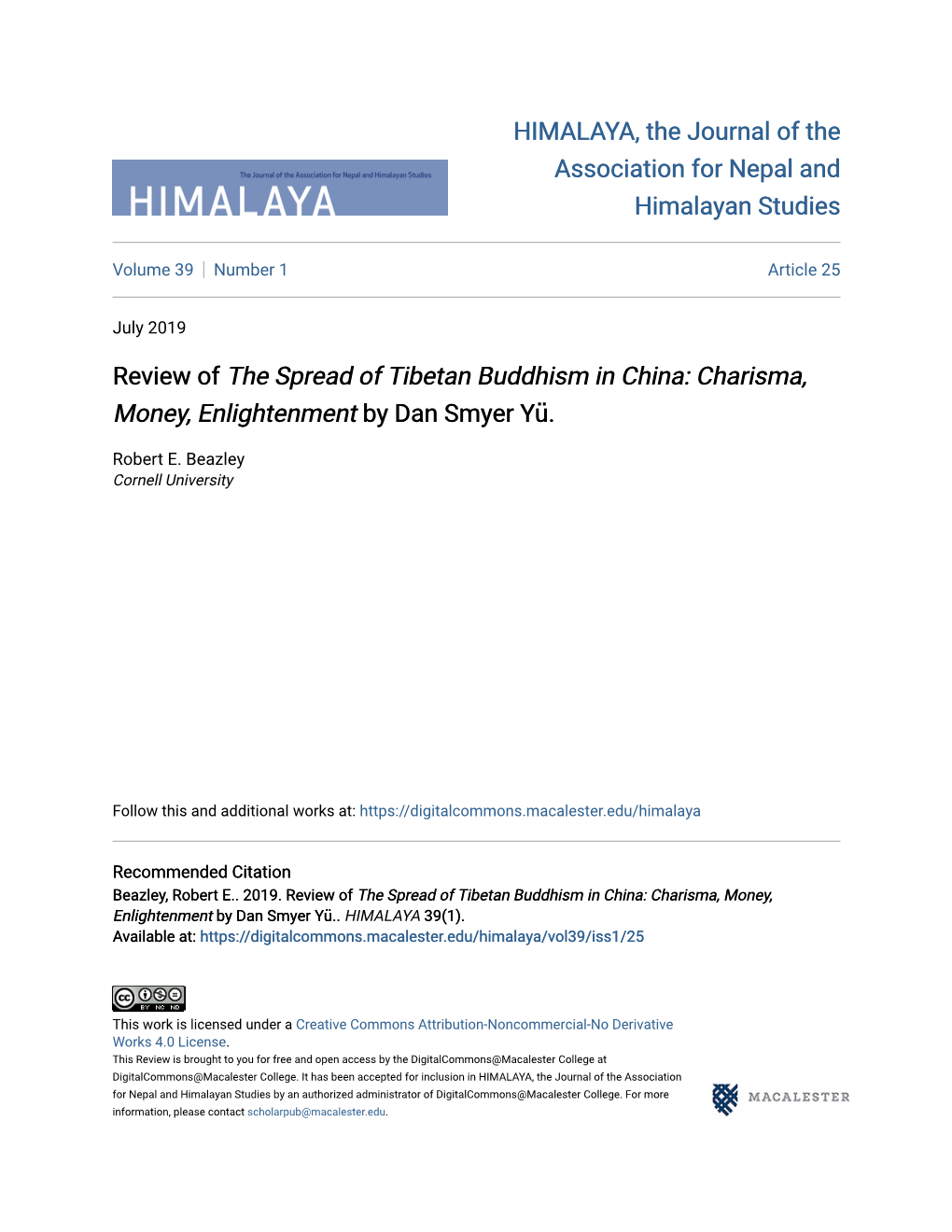 HIMALAYA, the Journal of the Association for Nepal and Himalayan Studies Review of Review of the Spread of Tibetan Buddhism in C