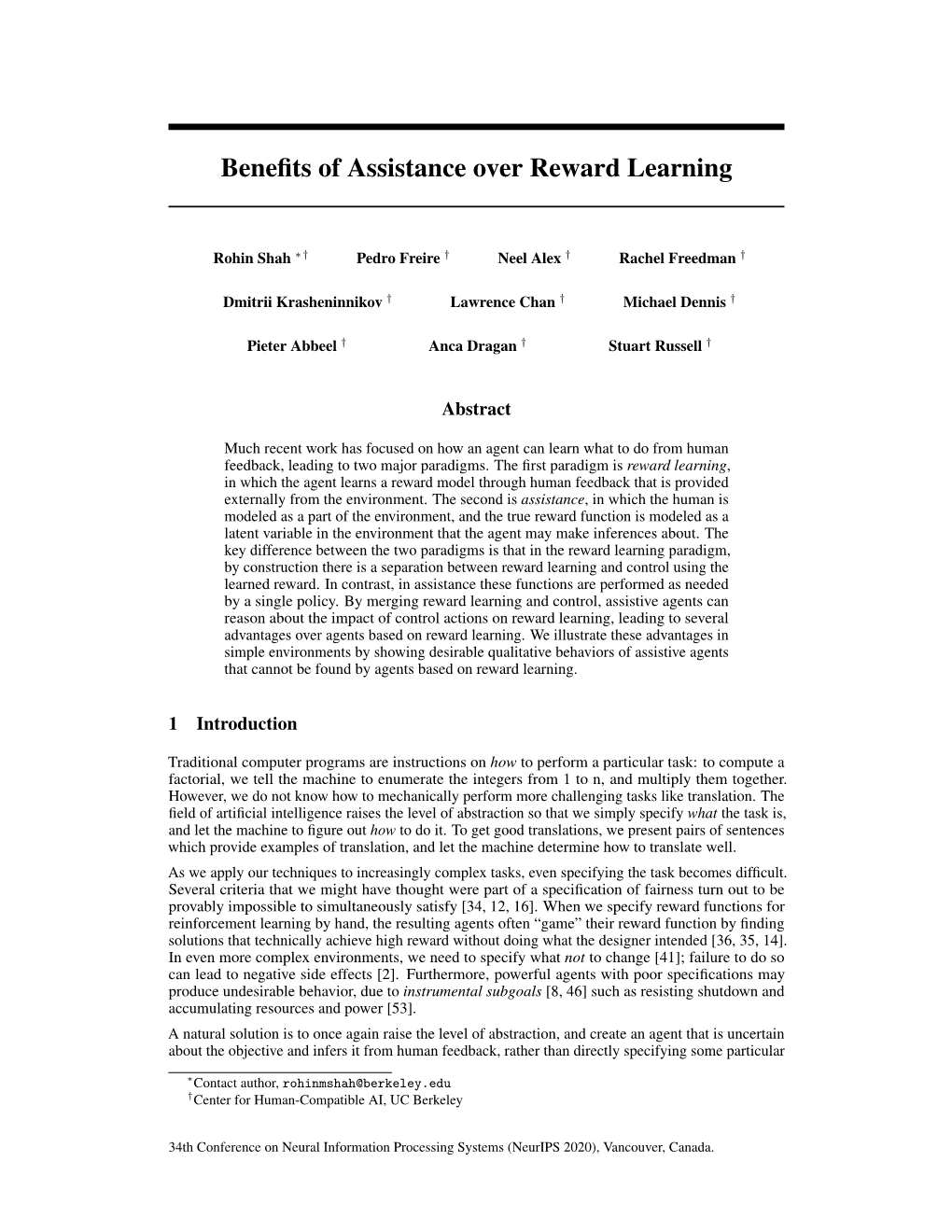 Benefits of Assistance Over Reward Learning