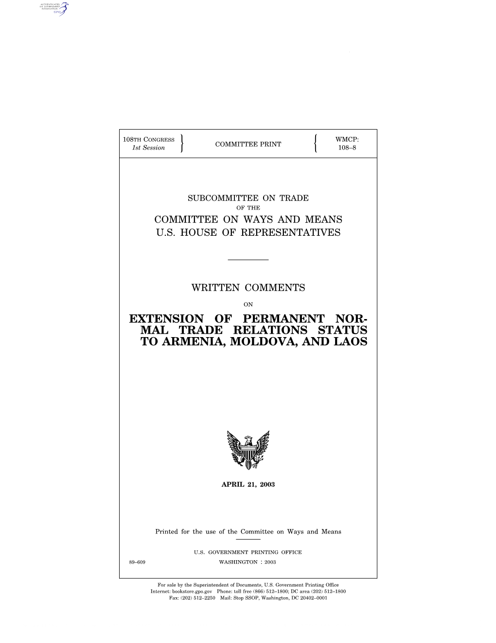 Mal Trade Relations Status to Armenia, Moldova, and Laos