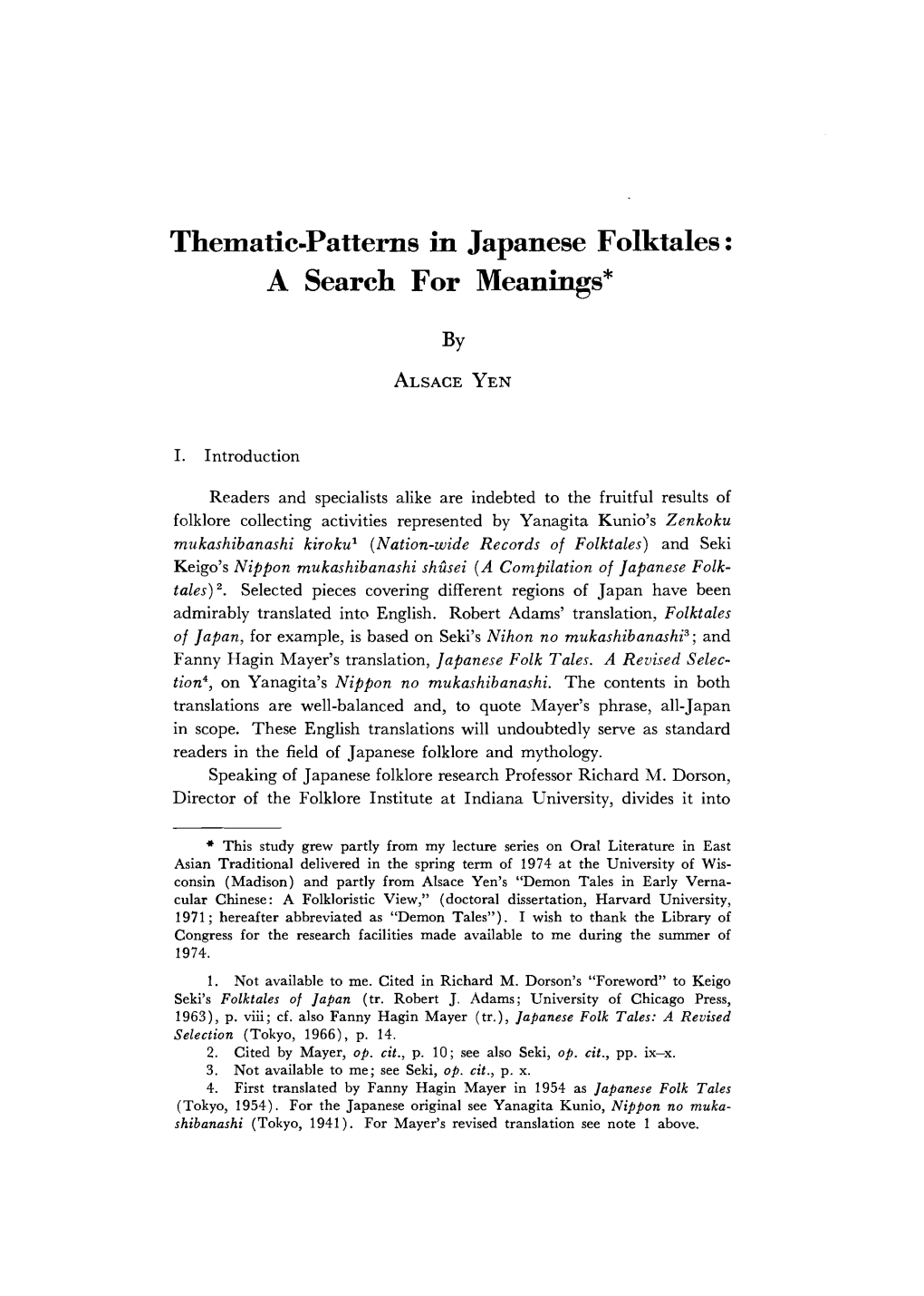 Thematic Patterns in Japanese Folktales: a Search for Meanings*