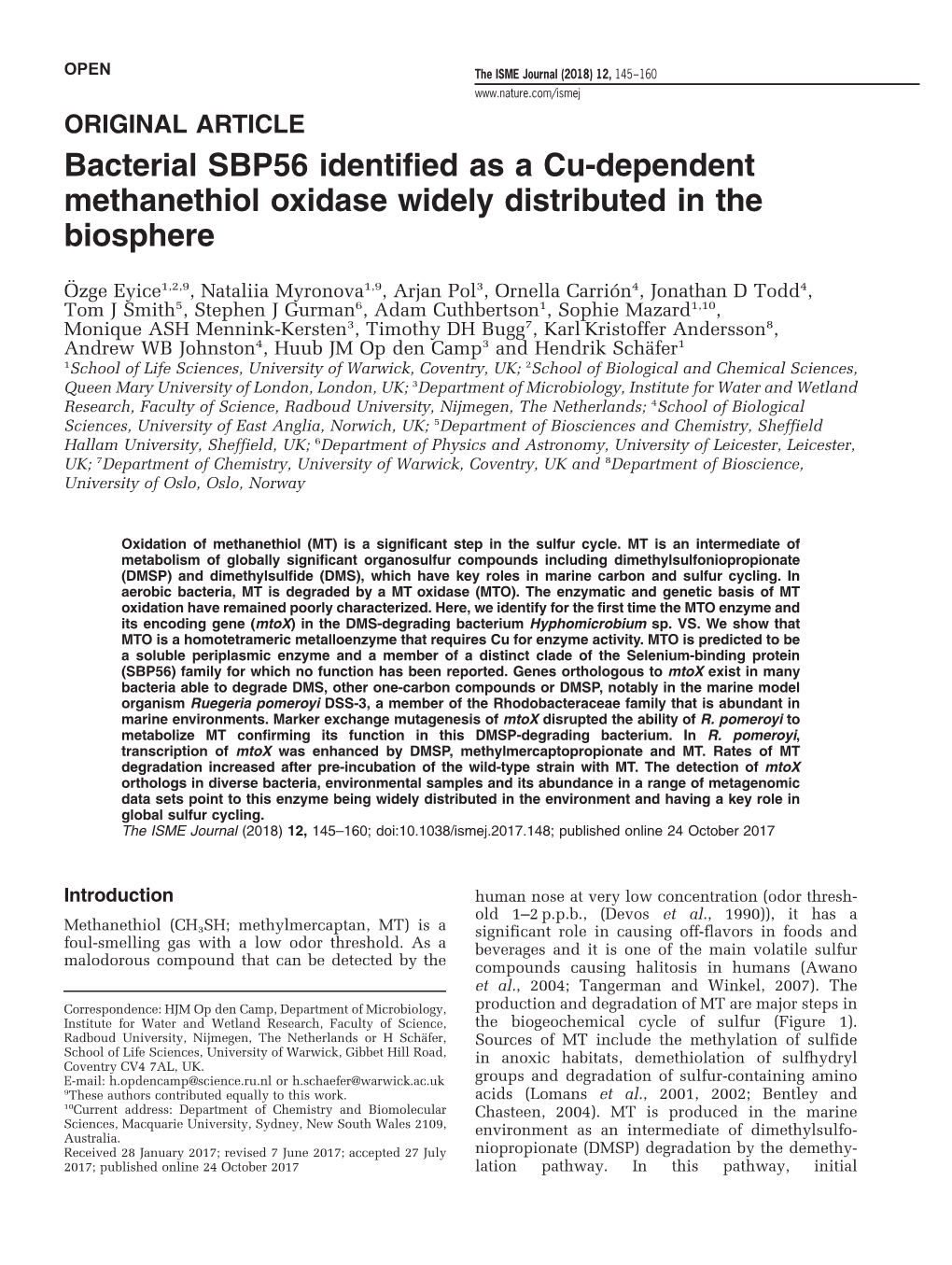 Bacterial SBP56 Identified As a Cu-Dependent Methanethiol Oxidase Widely Distributed in the Biosphere