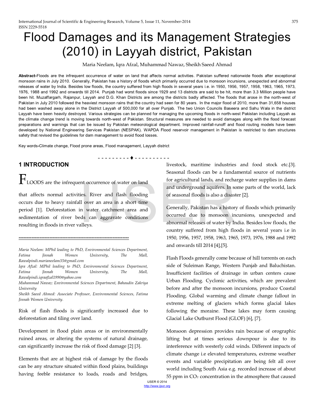 Flood Damages and Its Management Strategies (2010) in Layyah District, Pakistan Maria Neelam, Iqra Afzal, Muhammad Nawaz, Sheikh Saeed Ahmad