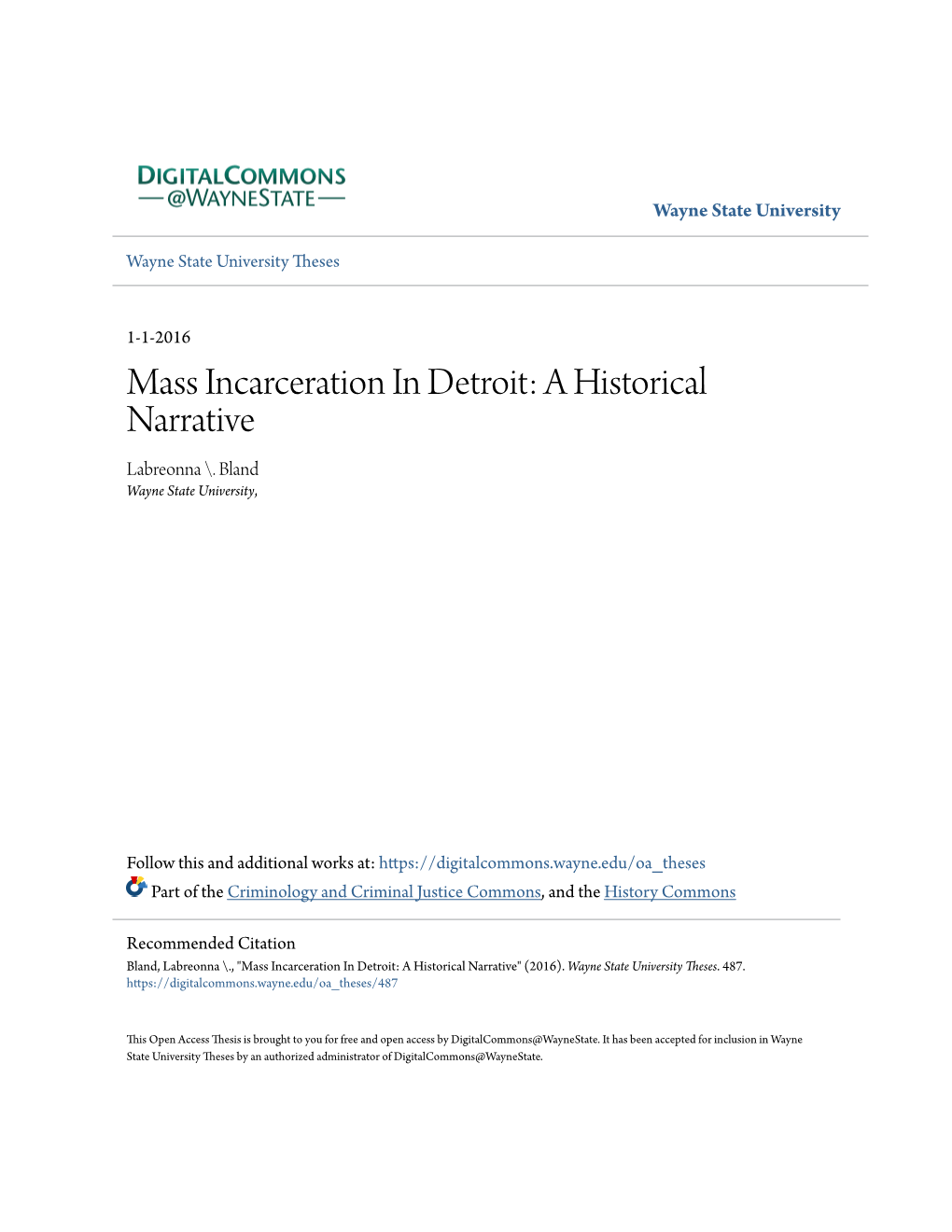 Mass Incarceration in Detroit: a Historical Narrative Labreonna \