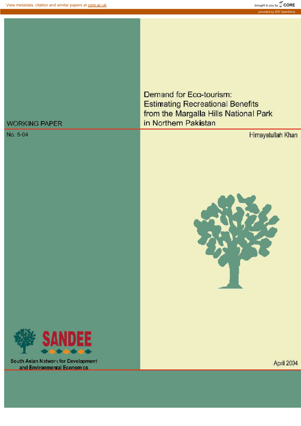 Estimating Recreational Benefits from the Margalla Hills National Park in Northern Pakistan