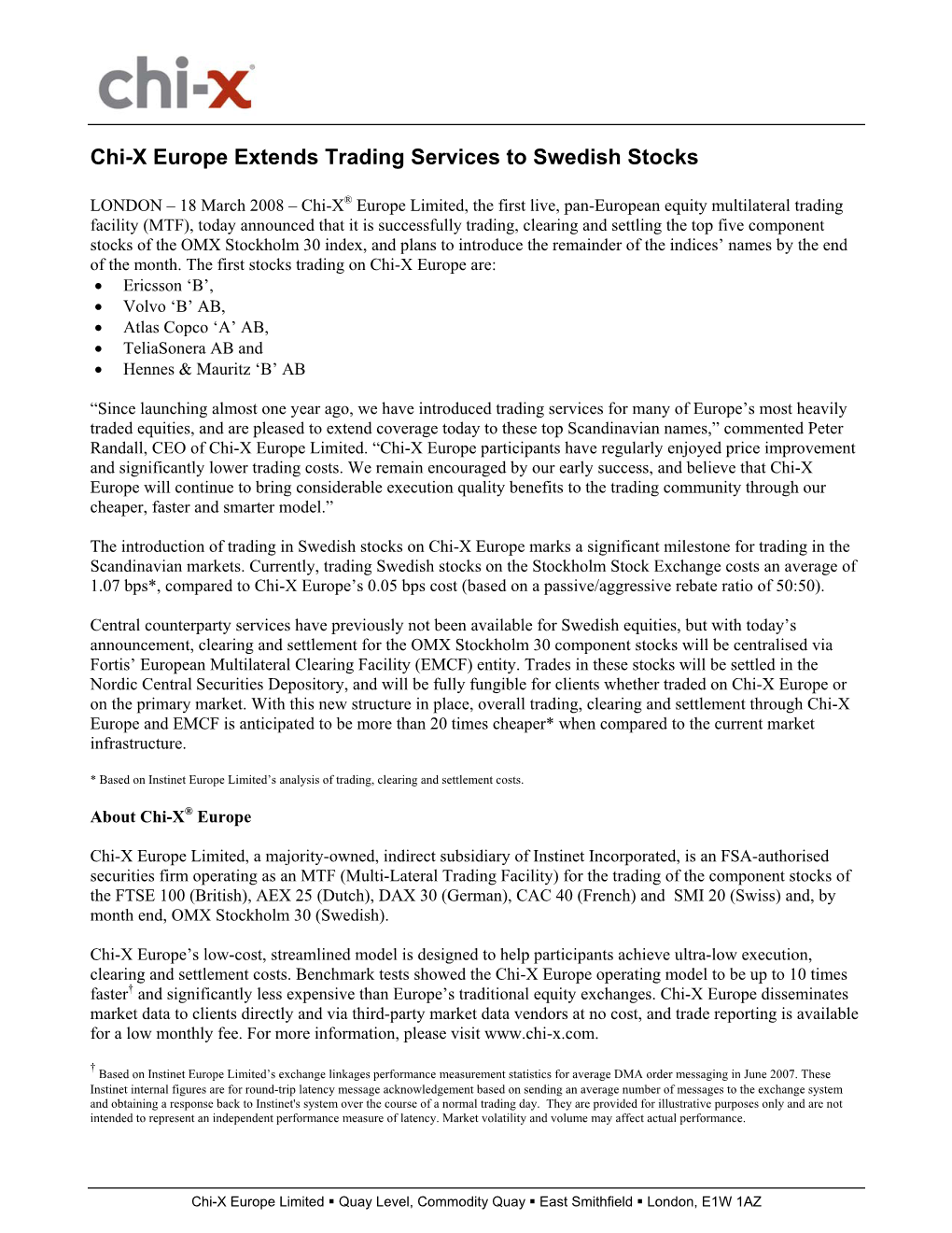 Chi-X Europe Extends Trading Services to Swedish Stocks