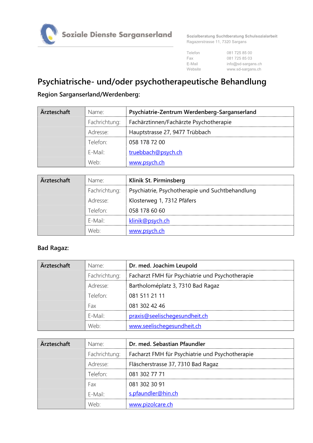 Und/Oder Psychotherapeutische Behandlung Region Sarganserland/Werdenberg