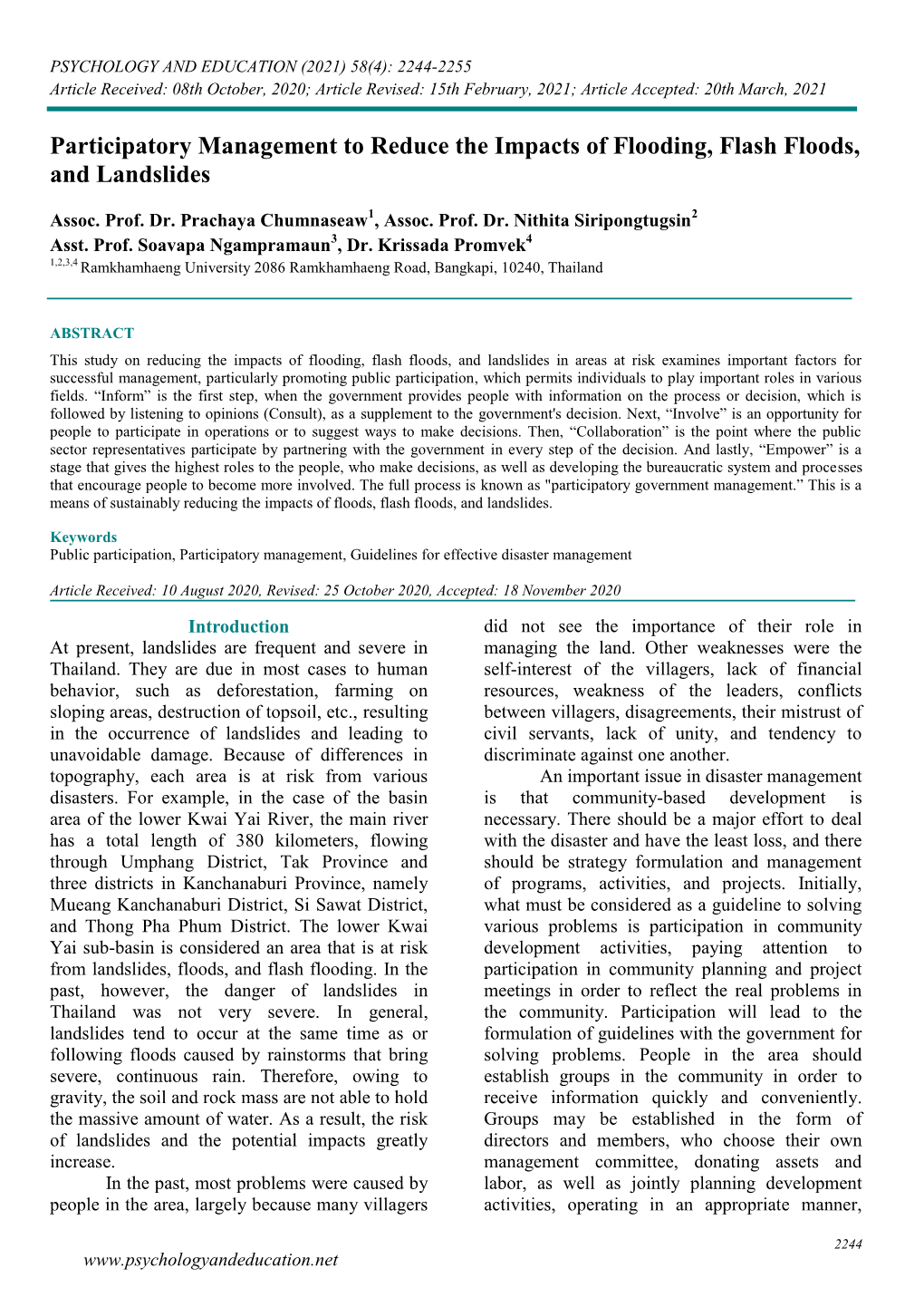 Participatory Management to Reduce the Impacts of Flooding, Flash Floods, and Landslides