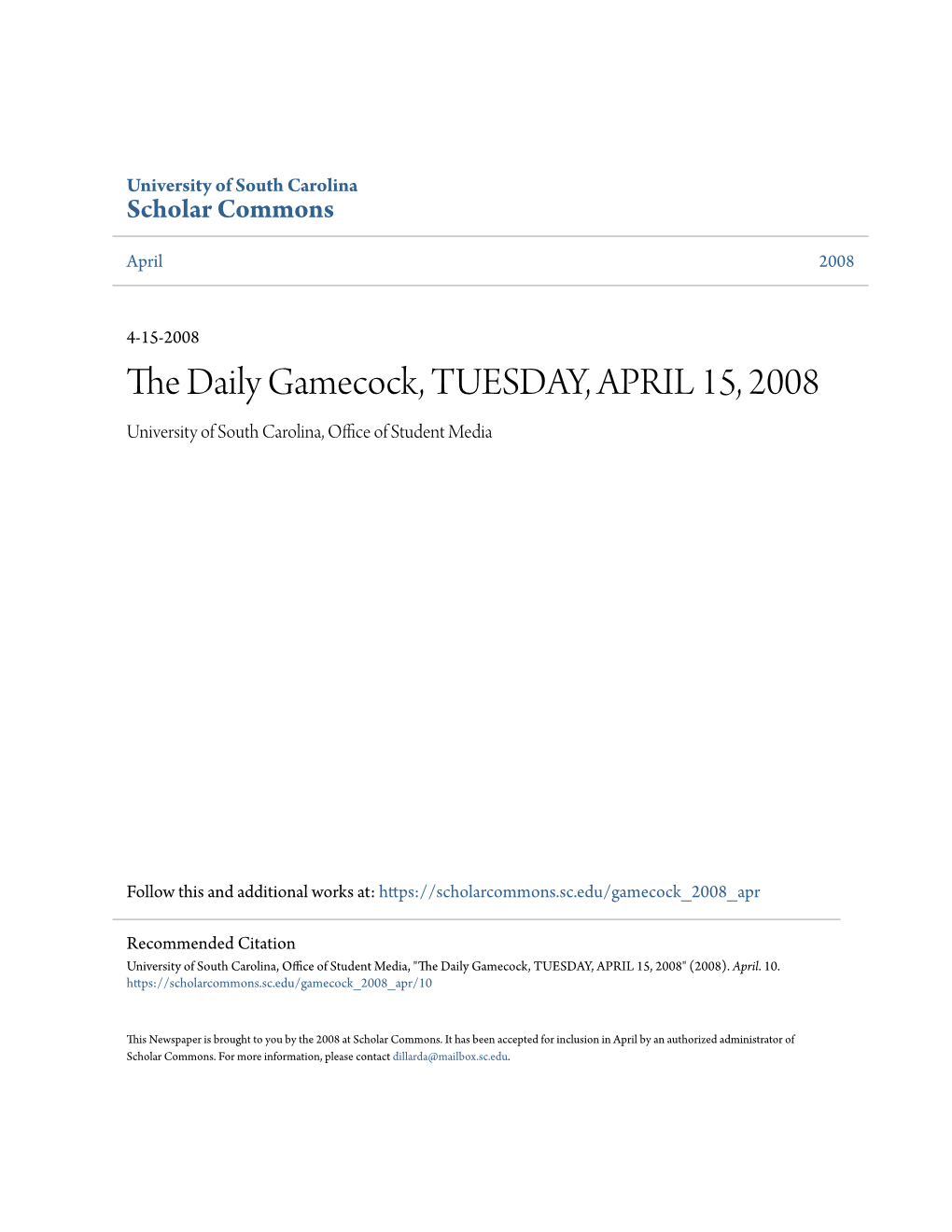 The Daily Gamecock, TUESDAY, APRIL 15, 2008
