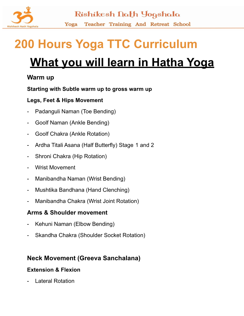 200 Hours Yoga TTC Curriculum What You Will Learn in Hatha Yoga Warm Up