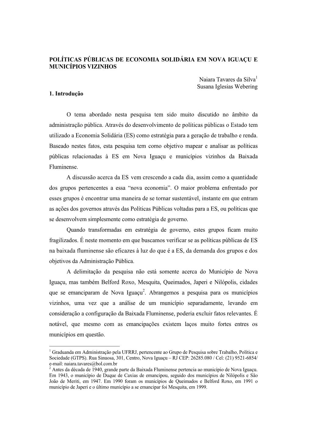 Políticas Públicas De Economia Solidária Em Nova Iguaçu E Municípios Vizinhos